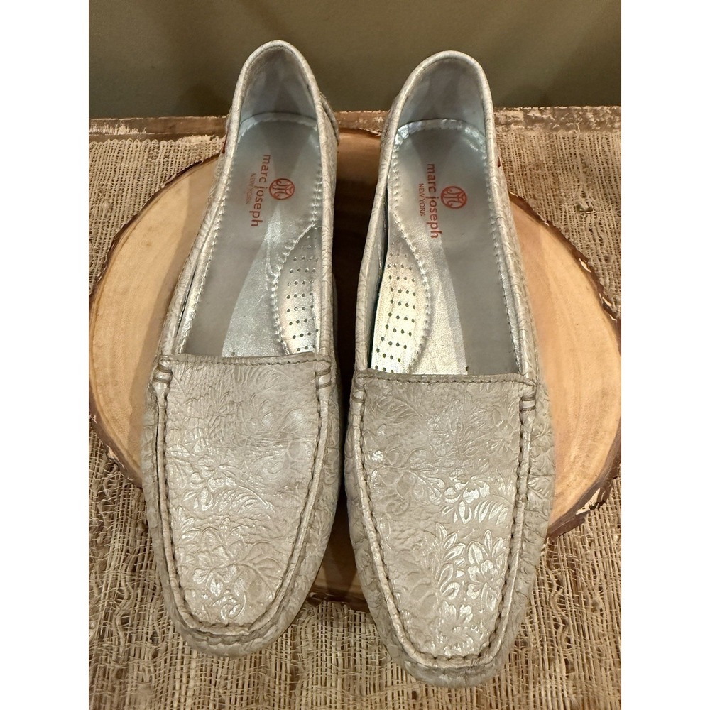 MARC JOSEPH Orchard Street Silver Leather Embossed Shoe Flats Loafers Size 9.5‎